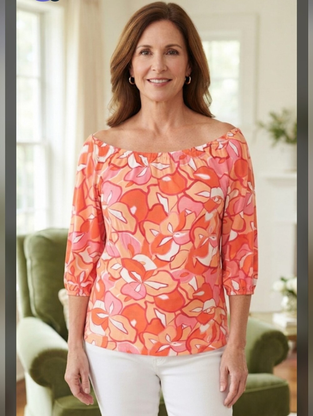 Charlie Paige Off-Shoulder Floral Tunic in Orange and Pink #423882 Pinret